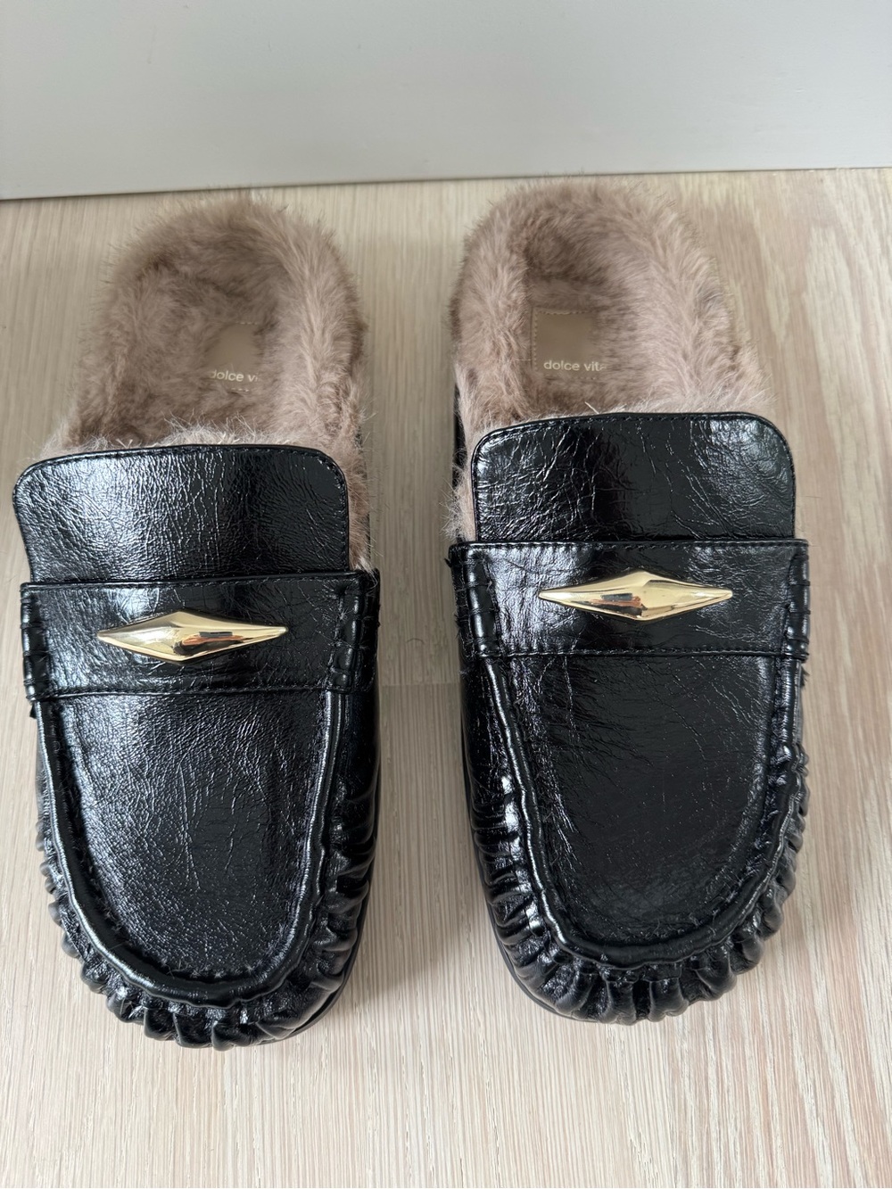 Dolce Vita Jodero Plush Flats Black Leather Tan Faux Fur and Gold Accent